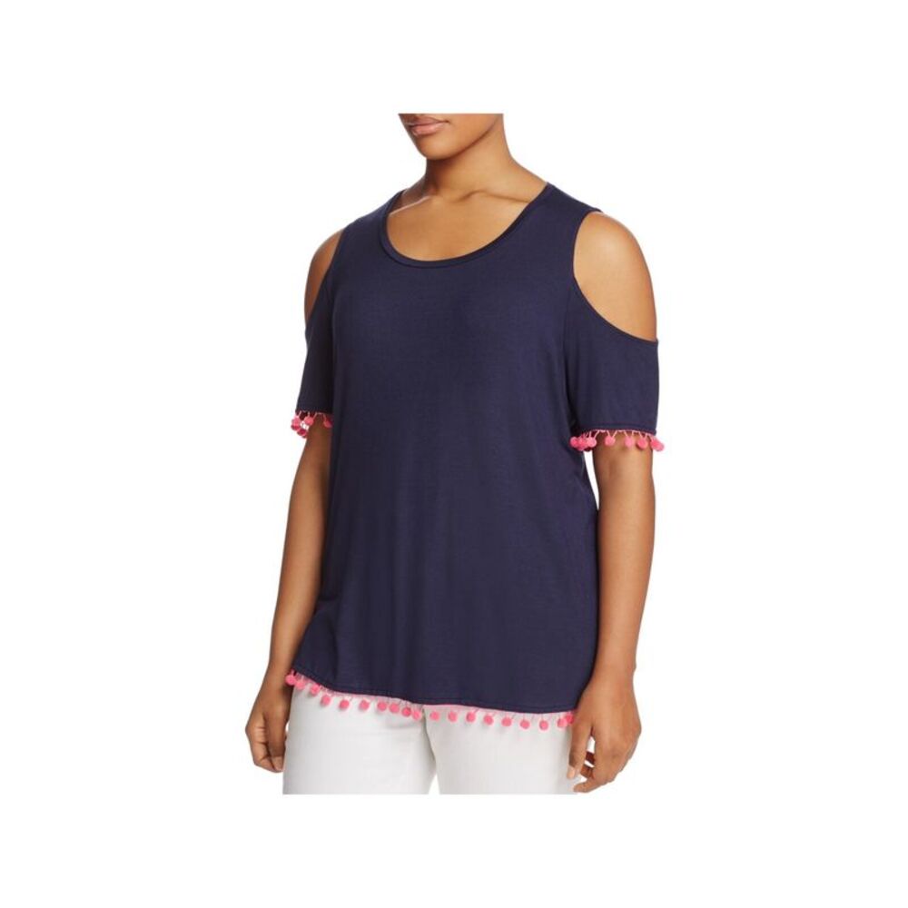 ALISON ANDREWS Womens Stretch Pom Pom Trim Short Sleeve Scoop Neck Blouse